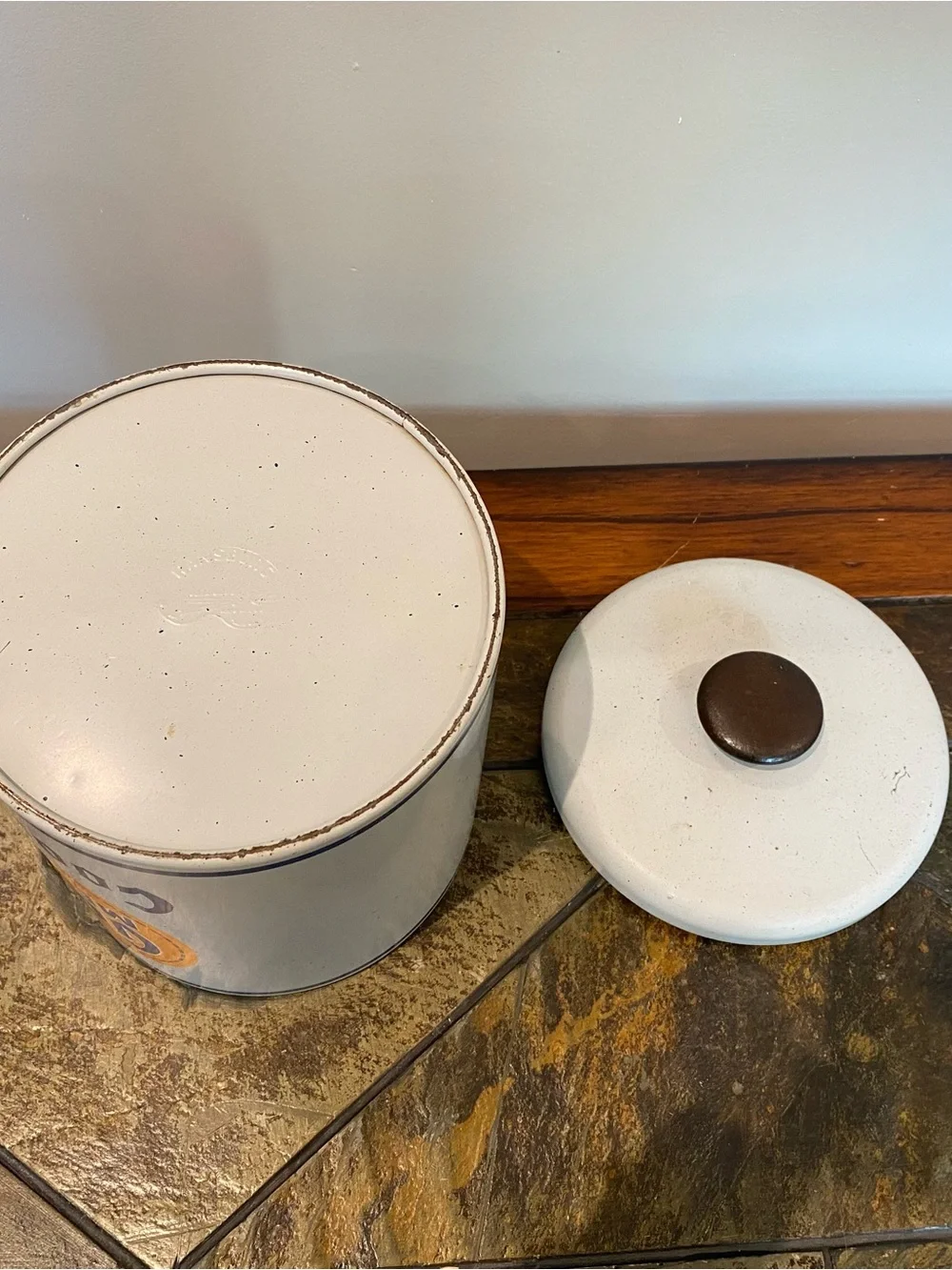 Vintage Gold Metal White & Blue Tin Cookie Jar Canister